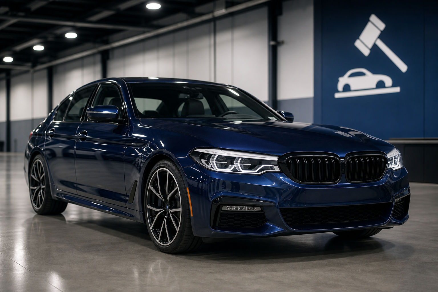 Sleek dark blue sports sedan positioned in a modern auction bay with soft overhead lighting