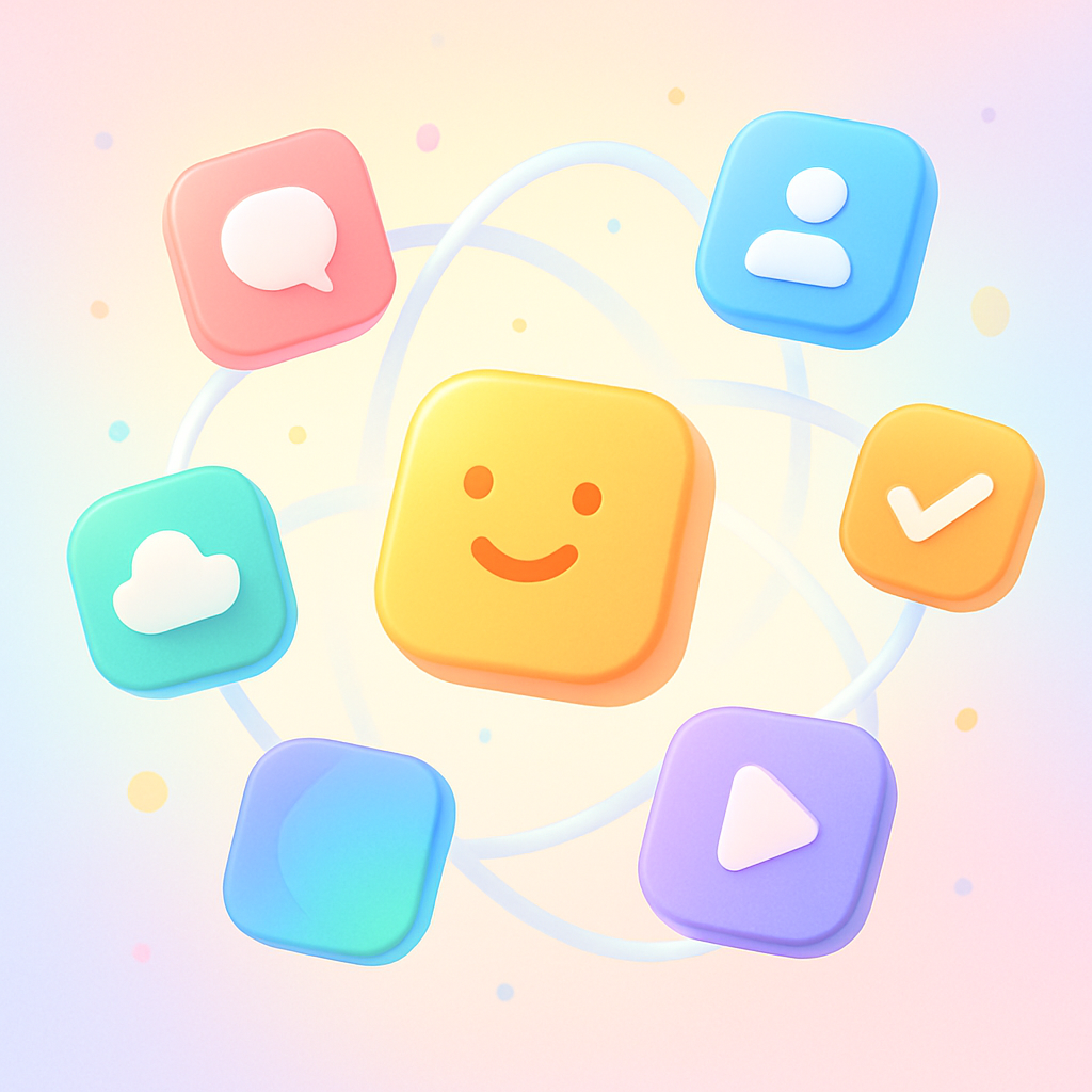 Cheerful abstract mini app orbits with colorful rounded tiles