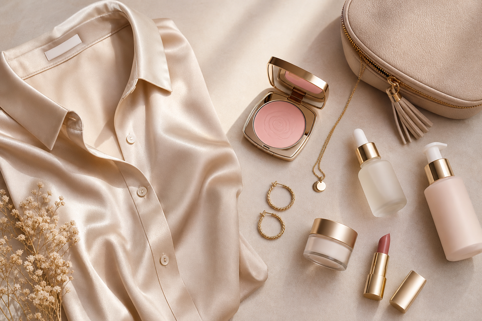 Neutral-toned fashion and beauty flatlay with silk blouse, gold jewelry, and skincare essentials