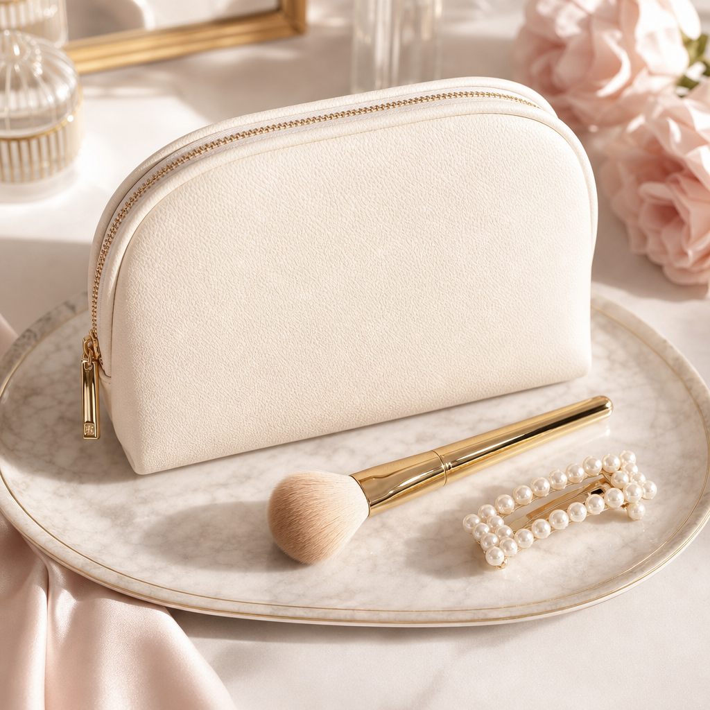 Elegant ivory vanity pouch, gold-handled brush, and pearl hair clip arranged on a marble tray