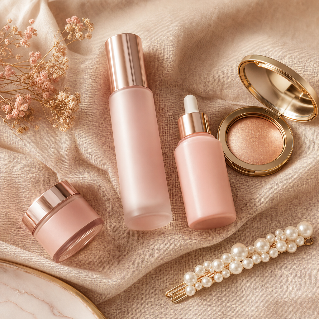 Blush-toned skincare bottles, gold compact, and pearl hair accessory on beige linen