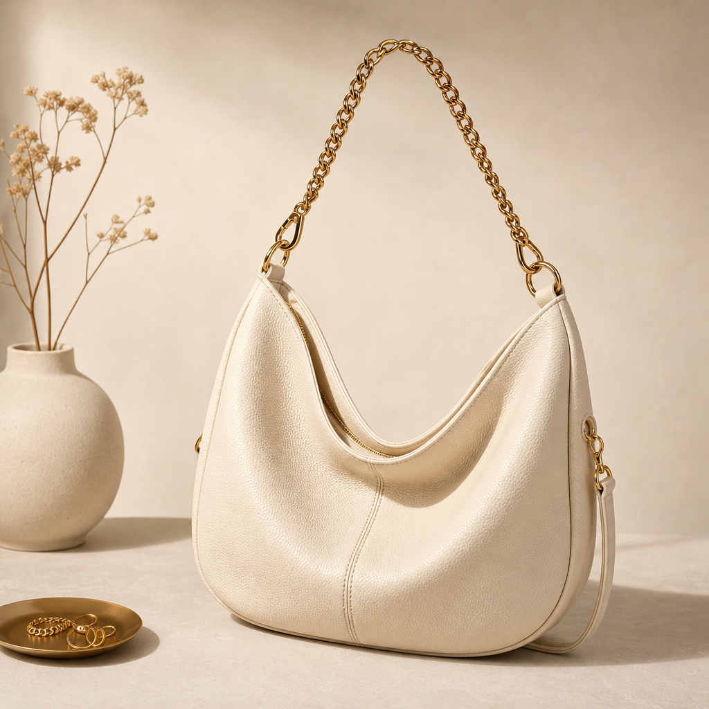 Ivory leather hobo bag with gold chain strap and soft curved silhouette