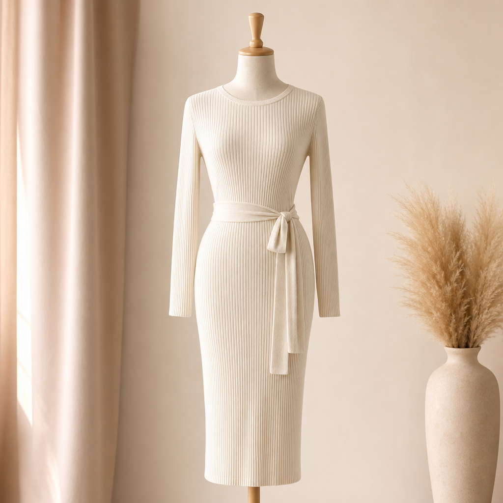 Ivory ribbed knit midi dress with a soft drape and waist tie
