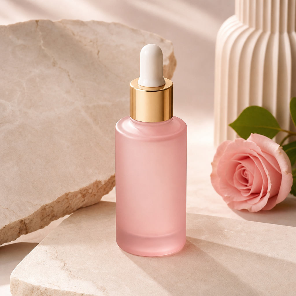 Frosted blush-pink glass serum bottle with a gold dropper cap on a neutral stone surface