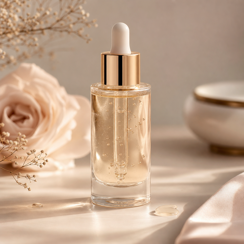 Glass dropper bottle of luminous skincare serum with gold-toned cap