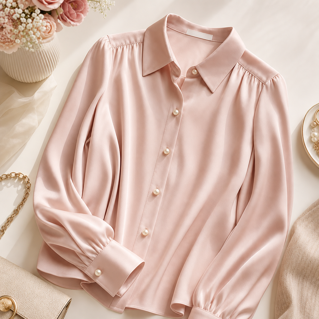 Blush pink silk blouse with soft drape and pearl buttons