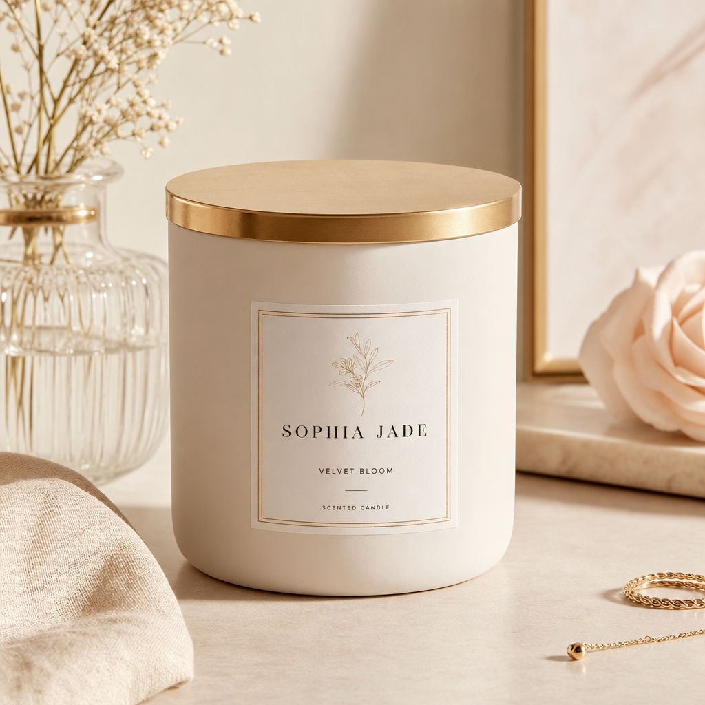 Cream ceramic candle with gold lid and soft vanilla label