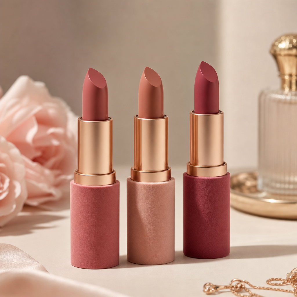 Set of three velvet matte lip colors in soft rose, nude, and berry