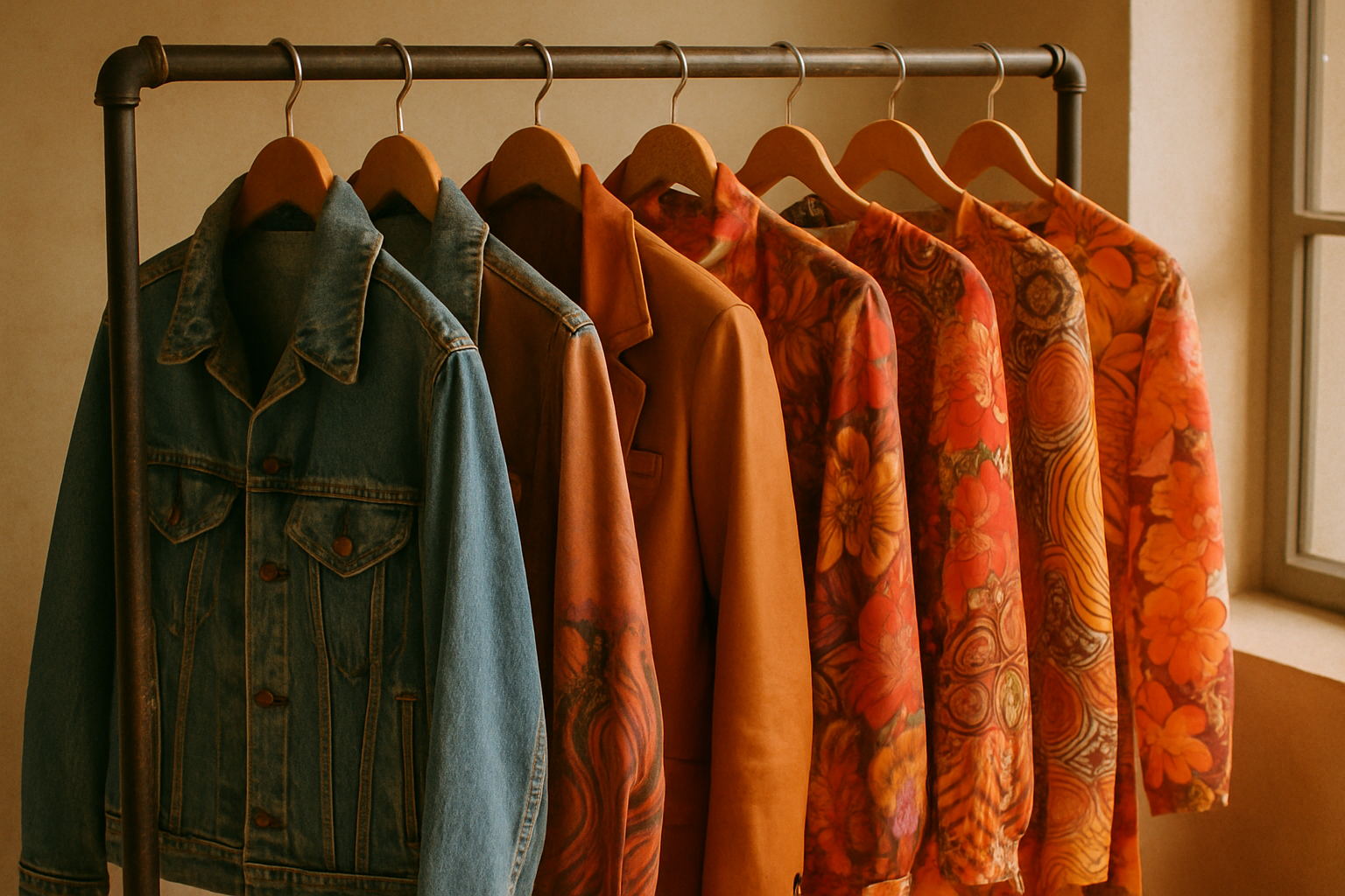 Curated rack of 70s and 80s vintage garments with denim, leather, and bold prints
