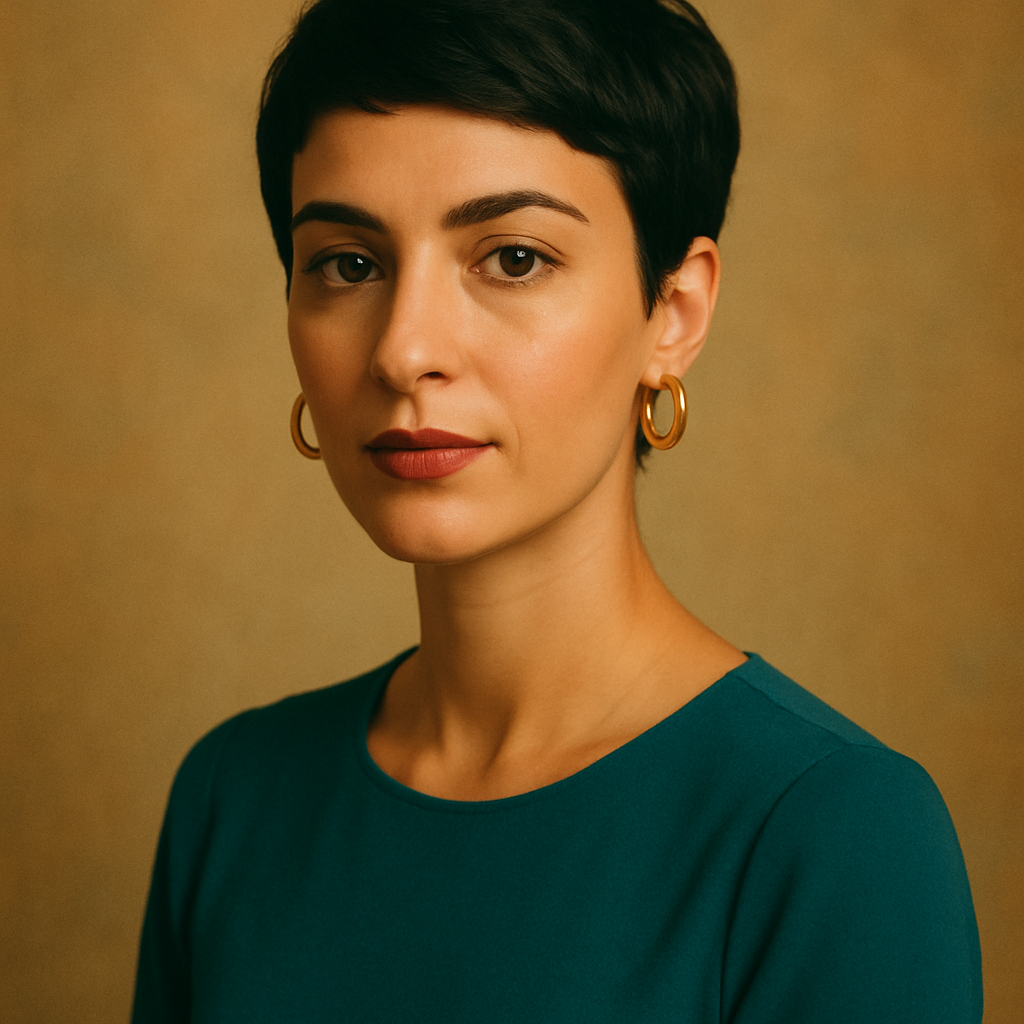 Woman with light olive skin, short black pixie cut, and gold hoop earrings wearing a teal top