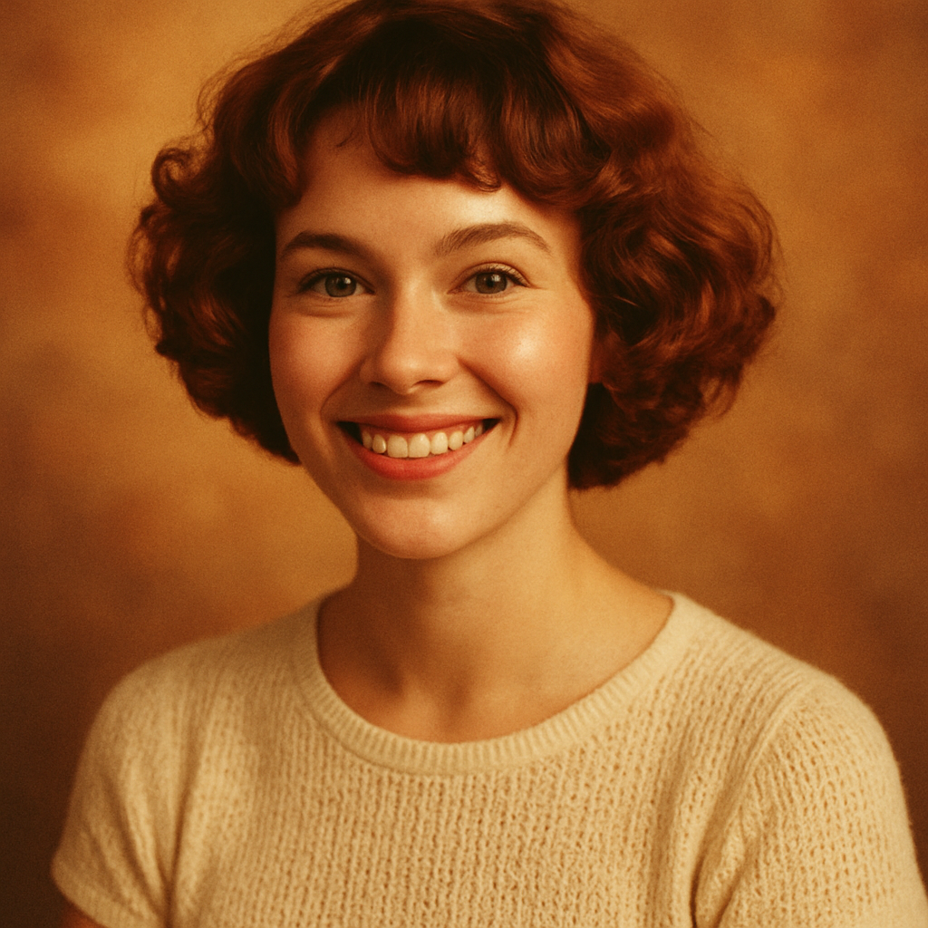Smiling woman with a short curly auburn bob wearing a cream knit top