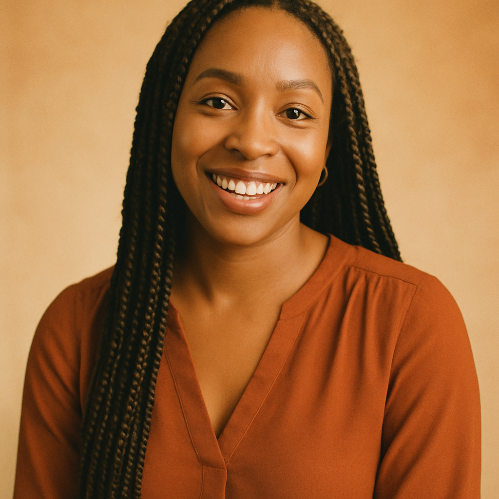 Woman with dark skin and long box braids wearing a warm rust blouse