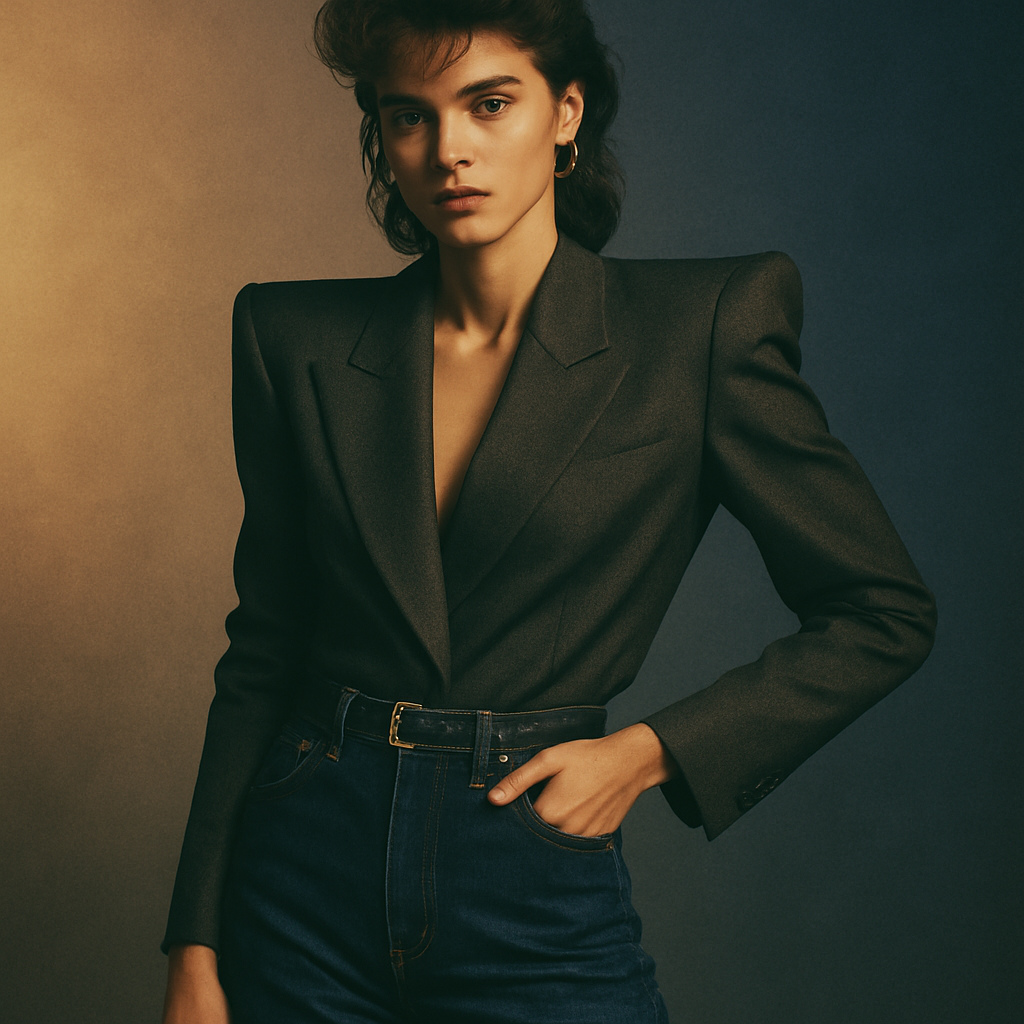 Person in a structured blazer with bold shoulders, dark statement denim, and subtle metallic accents under studio light