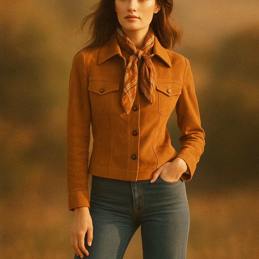 Woman wearing a caramel suede jacket with flared jeans and a vintage printed scarf in warm late-afternoon light