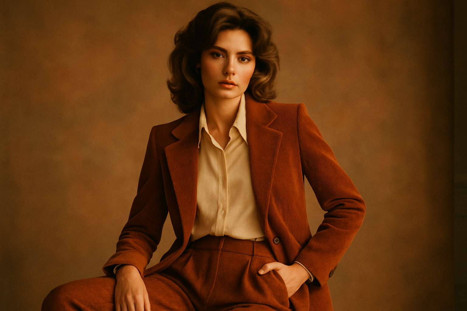 Model in authentic 70s and 80s vintage clothing with a cinematic editorial mood