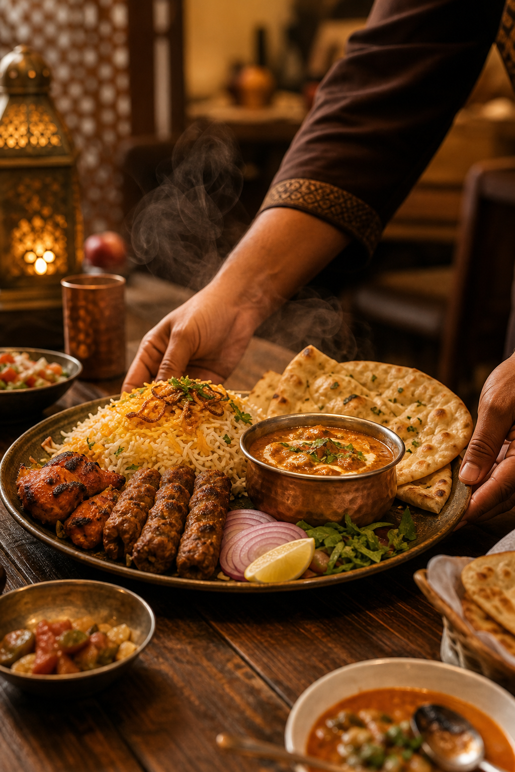 Warm restaurant serving moment with a plated Mughlai and Arabic meal on a wooden table