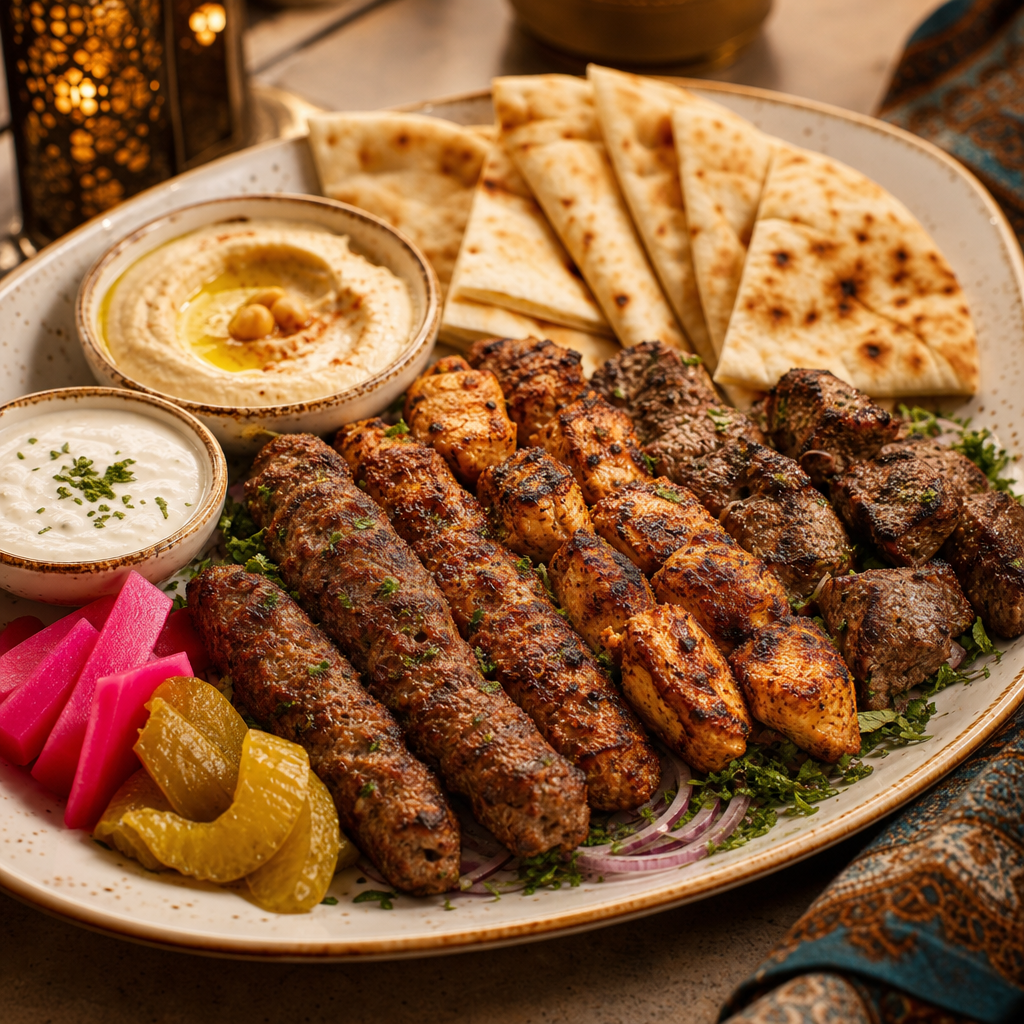 Mixed Arabic platter with grilled kebabs, pita, and garlic dip