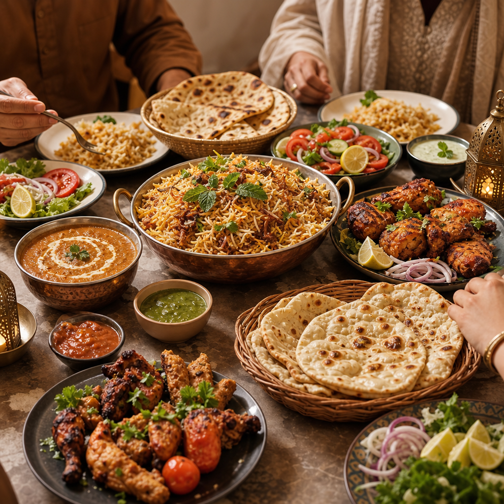 Family-style meal spread with shared platters, breads, and dips