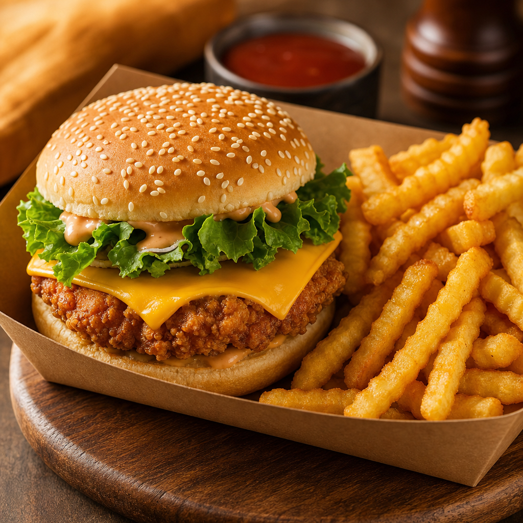Crispy burger and loaded fries in a modern takeaway box