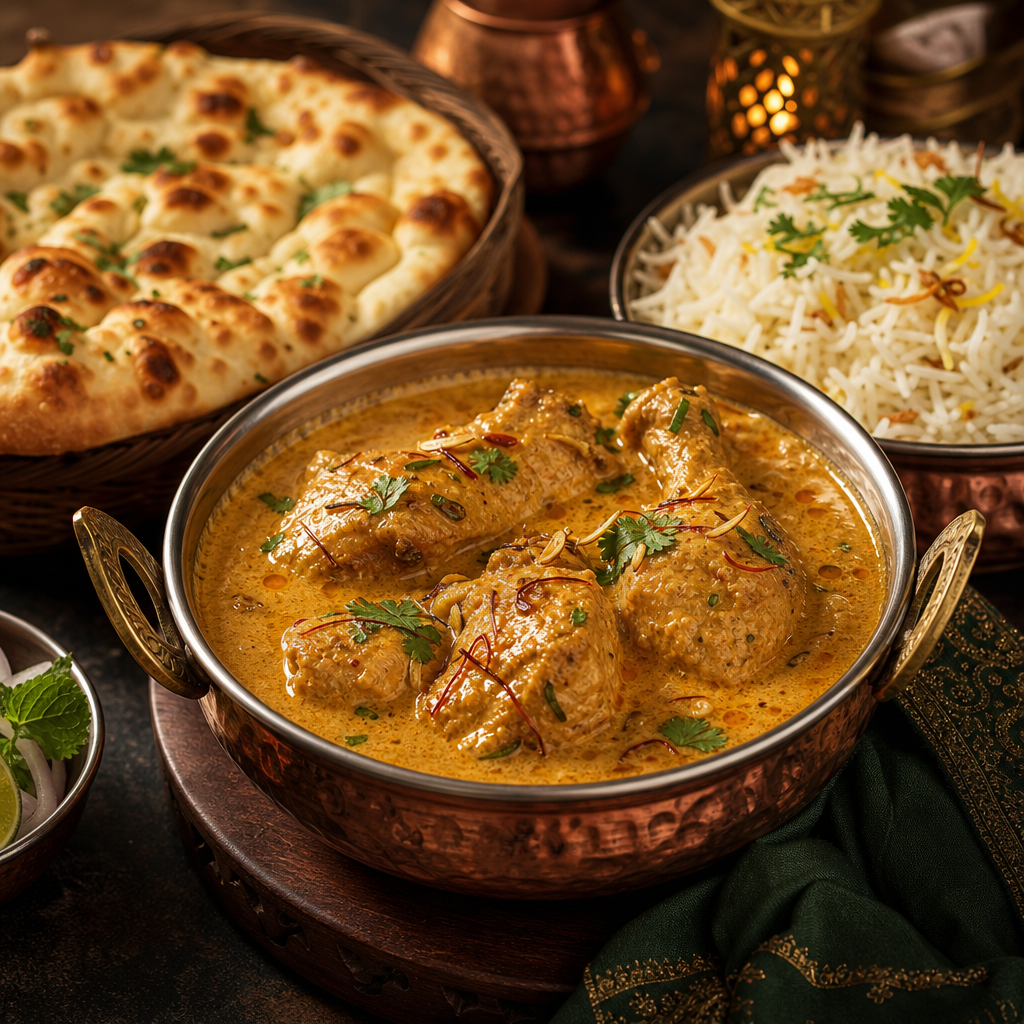 Traditional Mughlai curry bowl with saffron rice and herbs