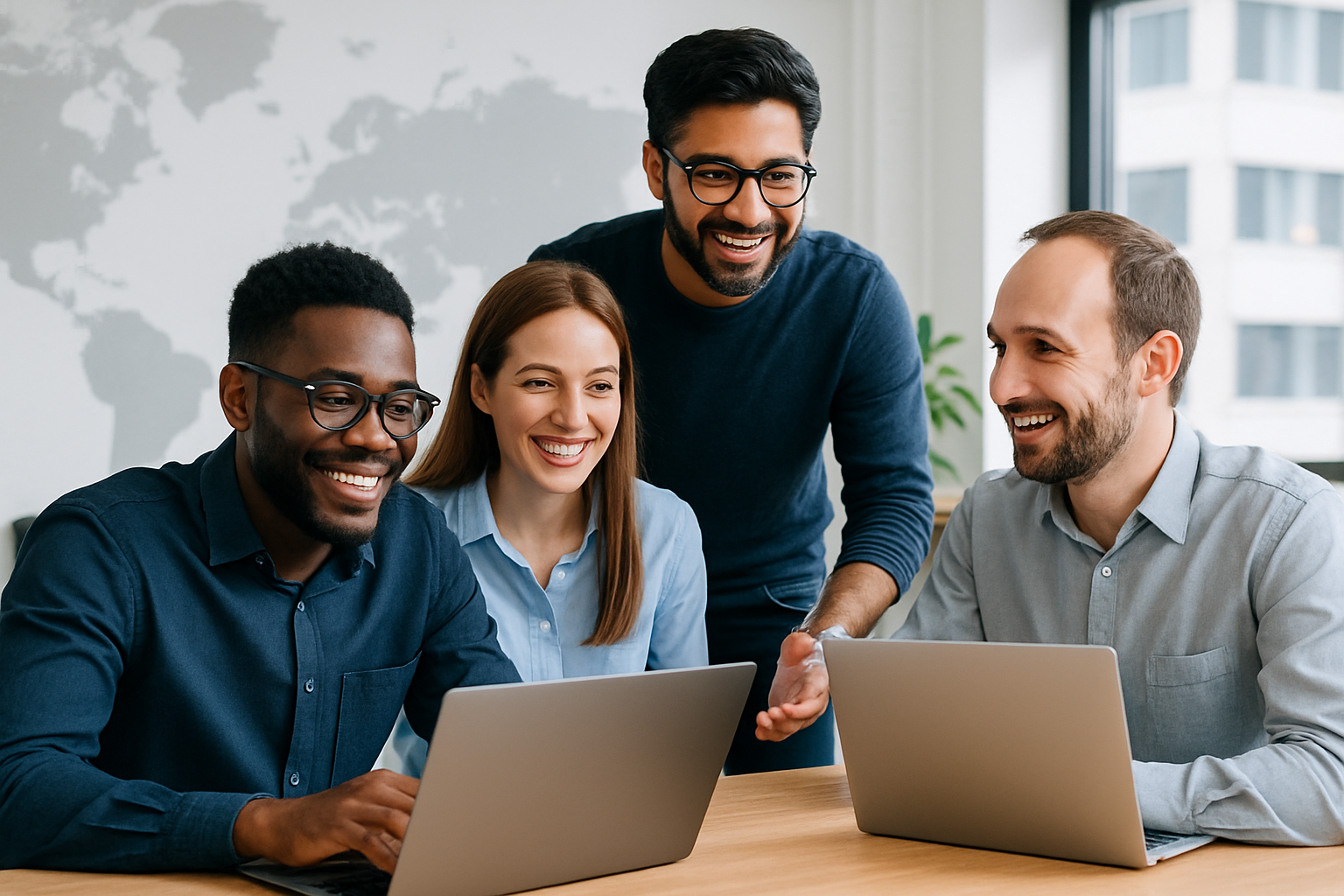 Amigos Consulting IT team collaborating in a modern workspace