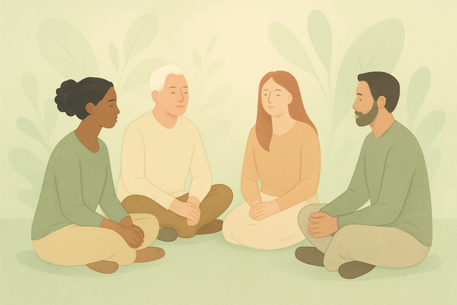 Soft illustration of diverse people in a calm circle with gentle greenery, conveying safety and inclusion