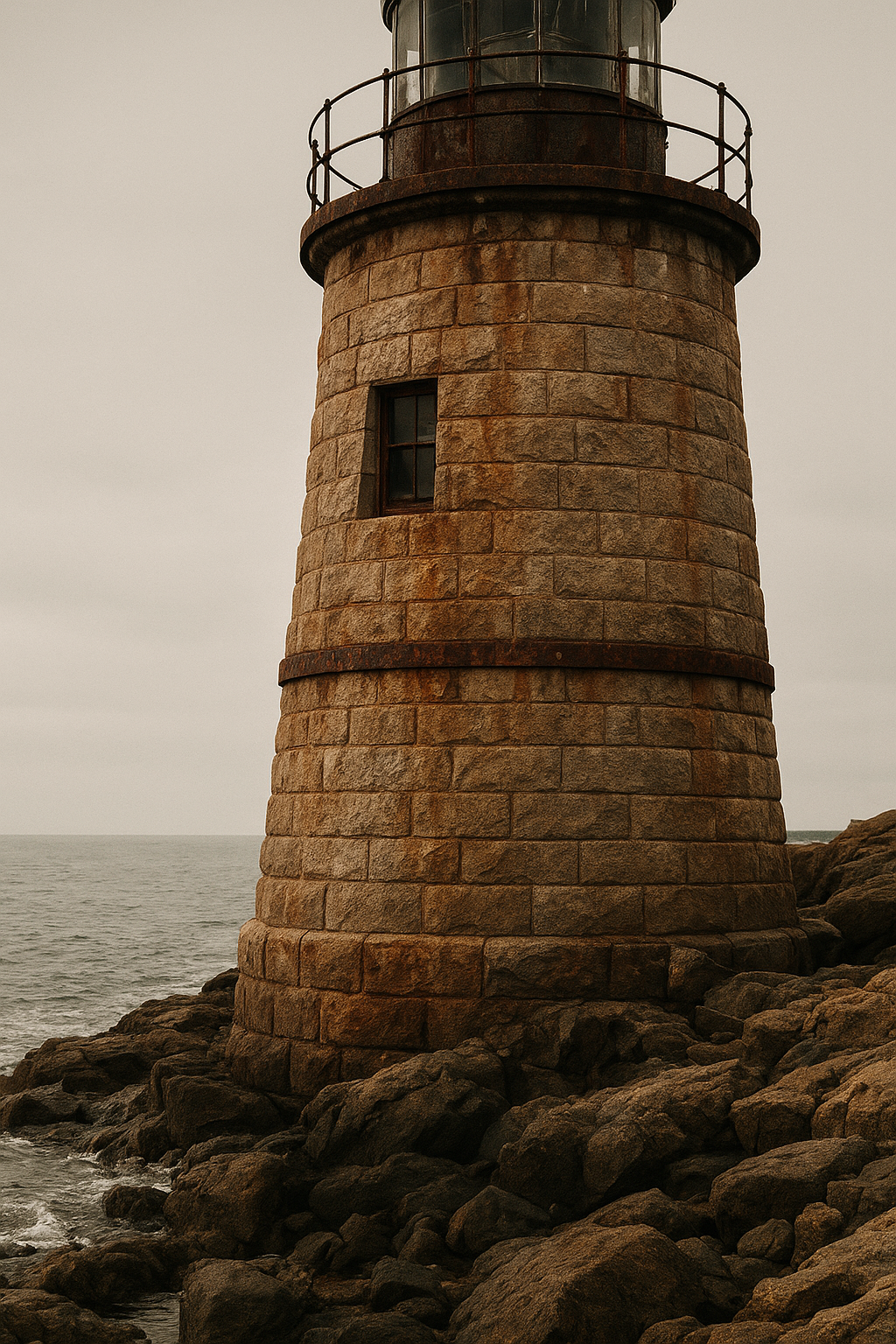 Weathered stone lighthouse exterior above a rocky northern shoreline under overcast coastal light