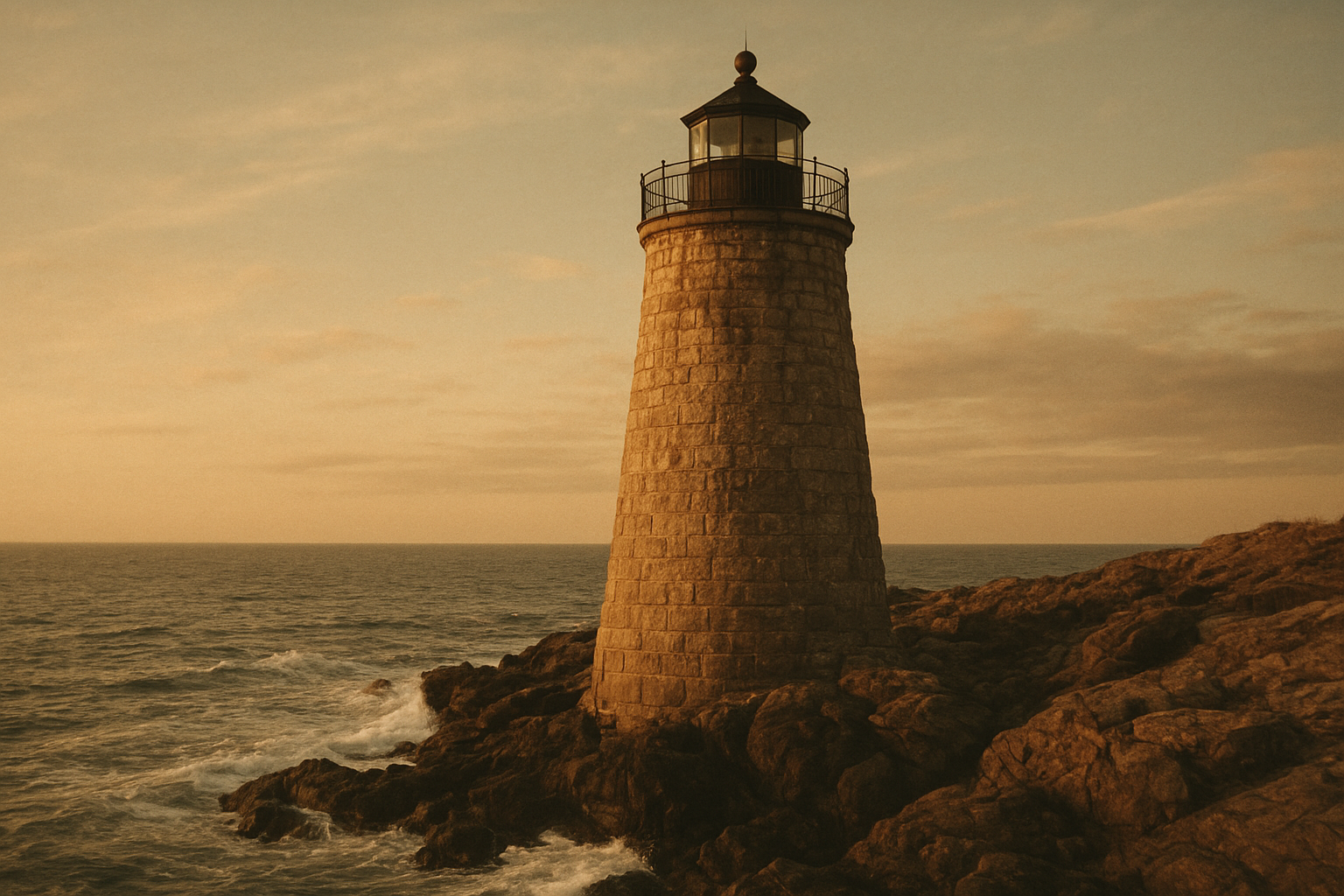 Tall stone lighthouse on a rugged northern coast at golden dusk, photographed with a warm archival film look