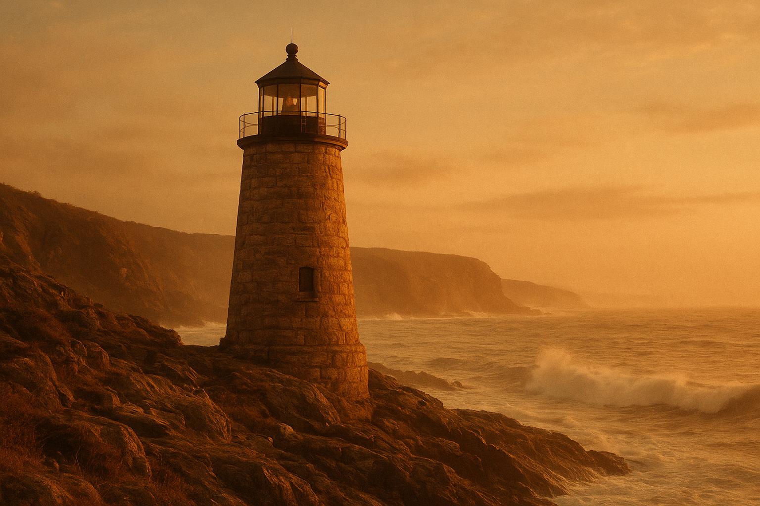 Northern-coast stone lighthouse on a rugged shoreline in warm late-afternoon light, weathered surfaces and cinematic archival atmosphere