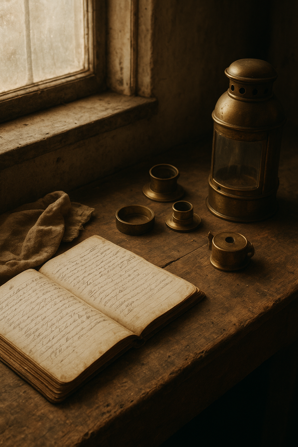 Keeper quarters worktable with brass signal lamp tools, weathered wood textures, and logbook pages in warm archival light