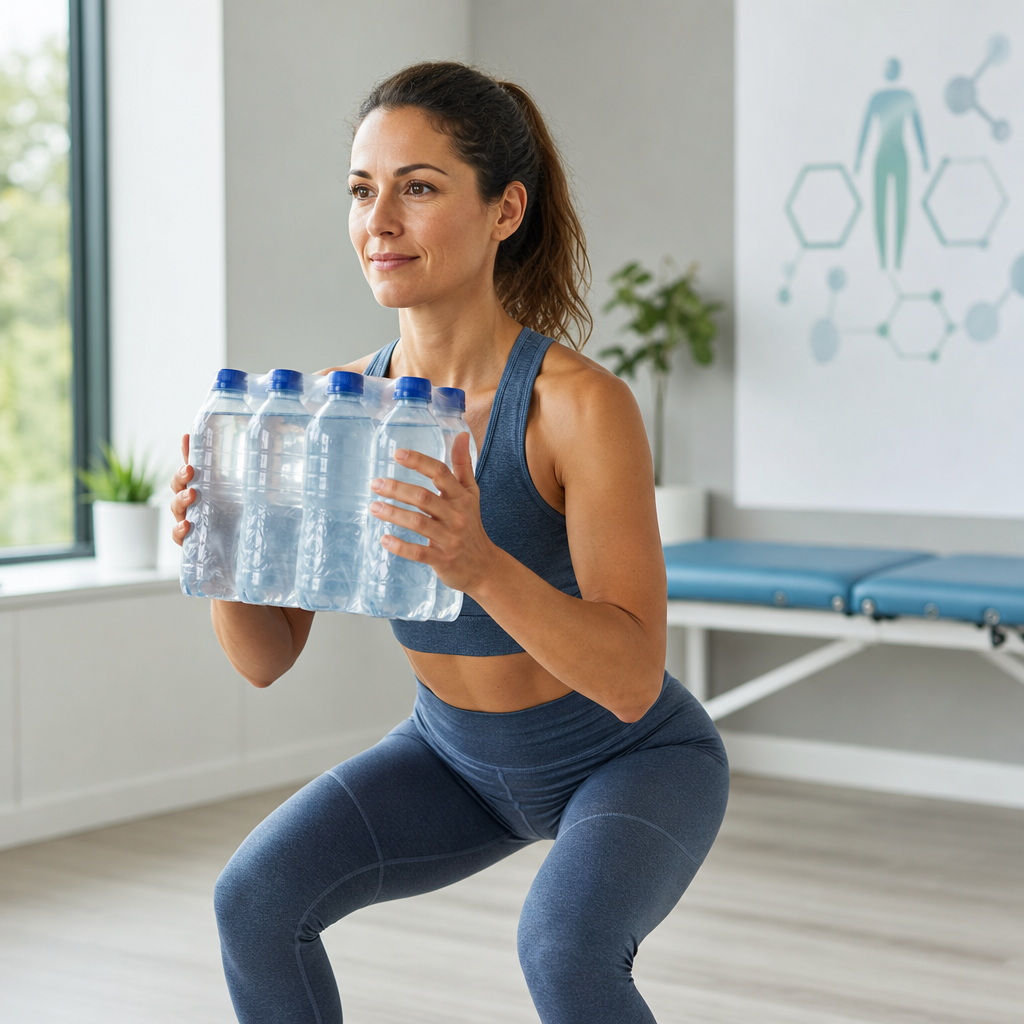 Active woman in sportswear holding a water pack during a supervised exercise