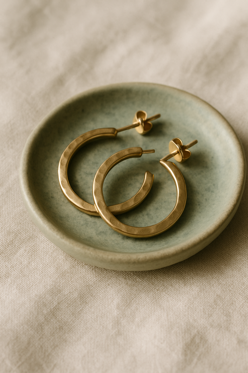 Pair of handmade brass hoop earrings resting on a textured ceramic dish