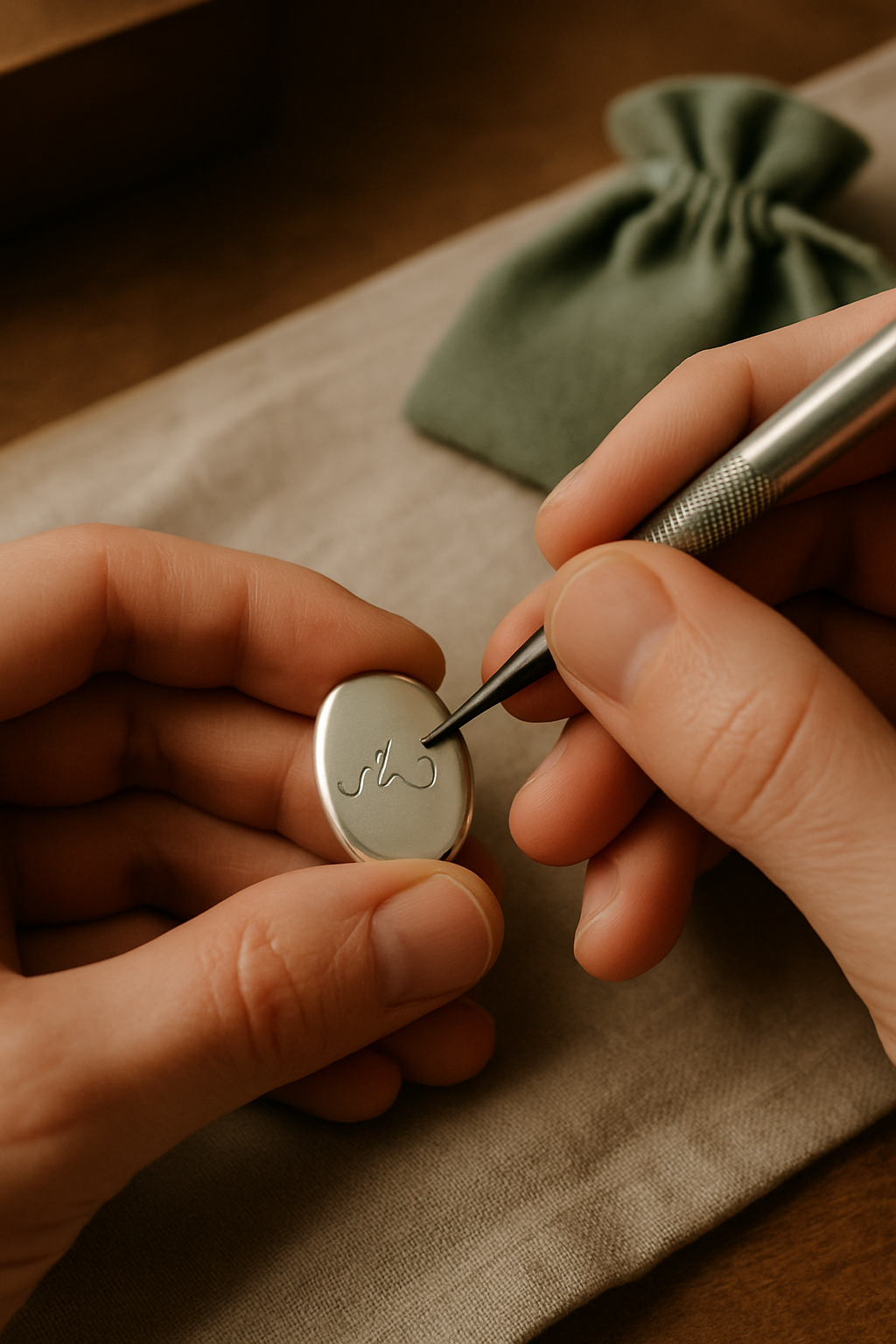 Artisan hand engraving initials onto a small silver pendant with a fine tool