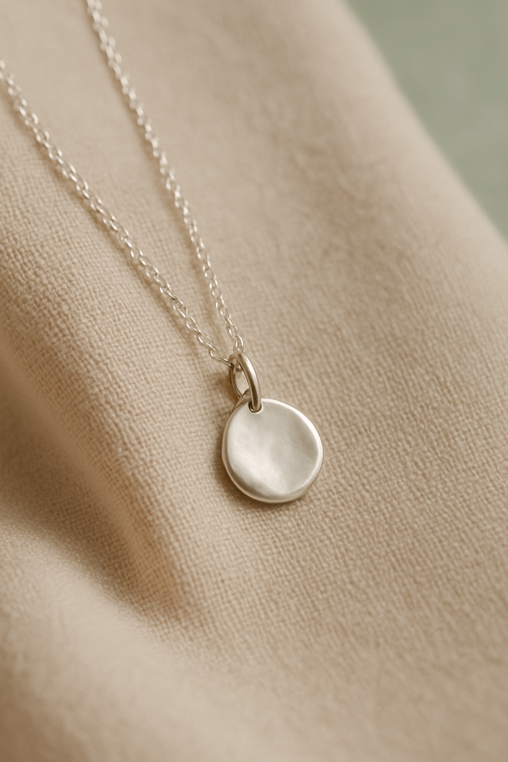 Delicate handmade silver pendant necklace draped over warm beige fabric