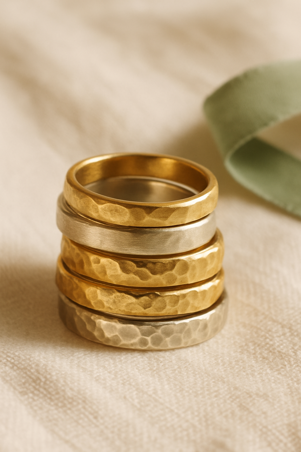 Stack of handmade gold and silver rings on a soft linen surface