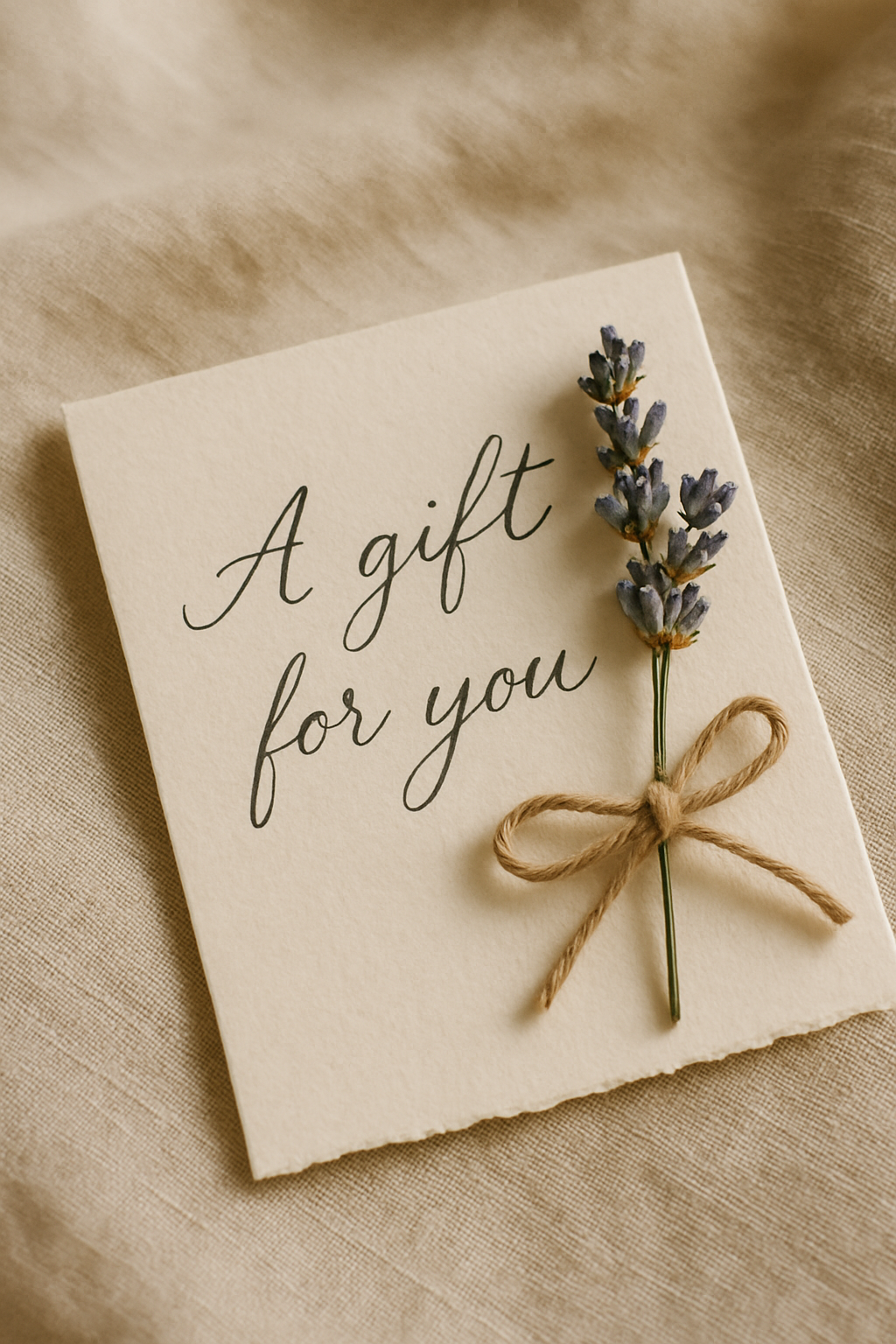 Handwritten gift note on textured cream card stock with a sprig of dried lavender, resting on linen fabric