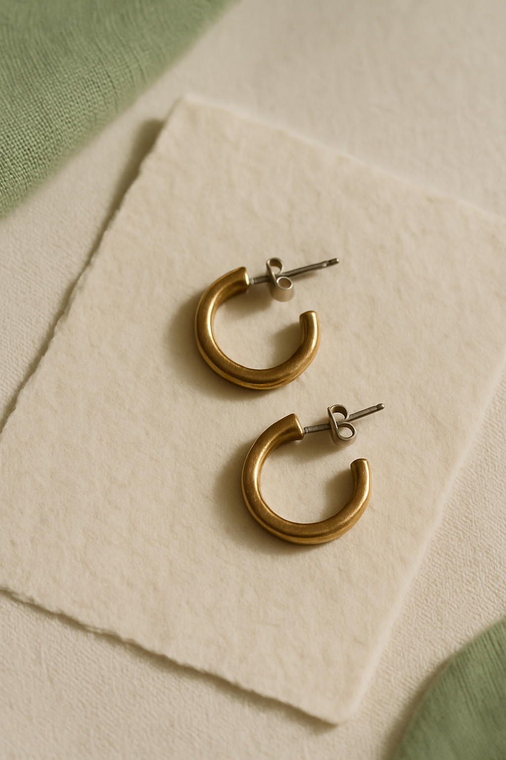 Pair of small hand-forged brass hoop earrings on a textured beige paper background