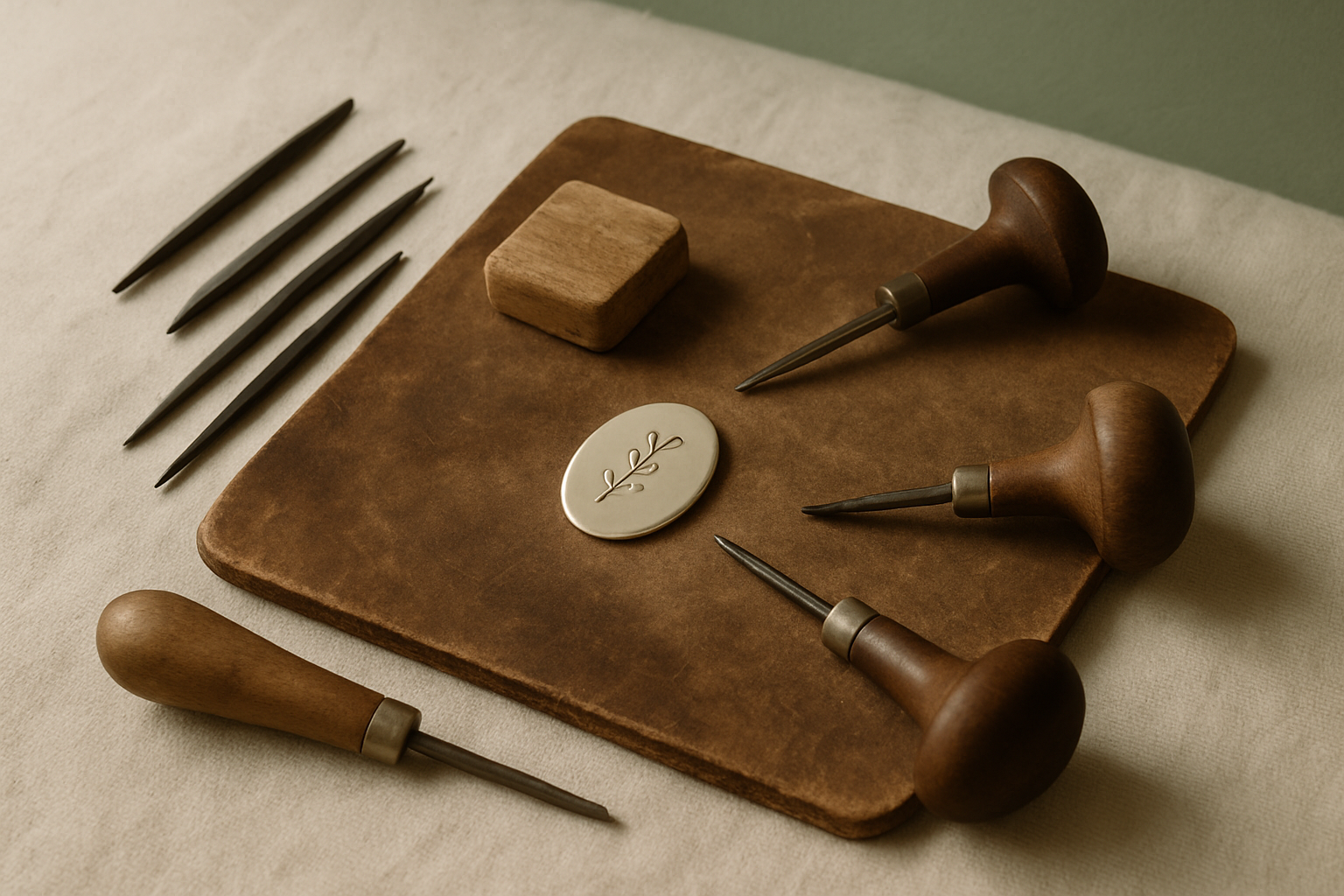 Artisan workbench with hand engraving tools, a leather mat, and a partially engraved silver pendant