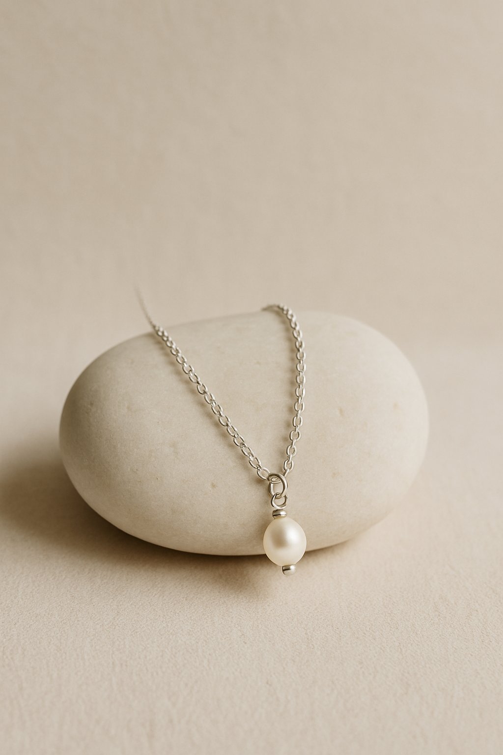 Fine silver chain necklace with a small pearl pendant draped on cream stone