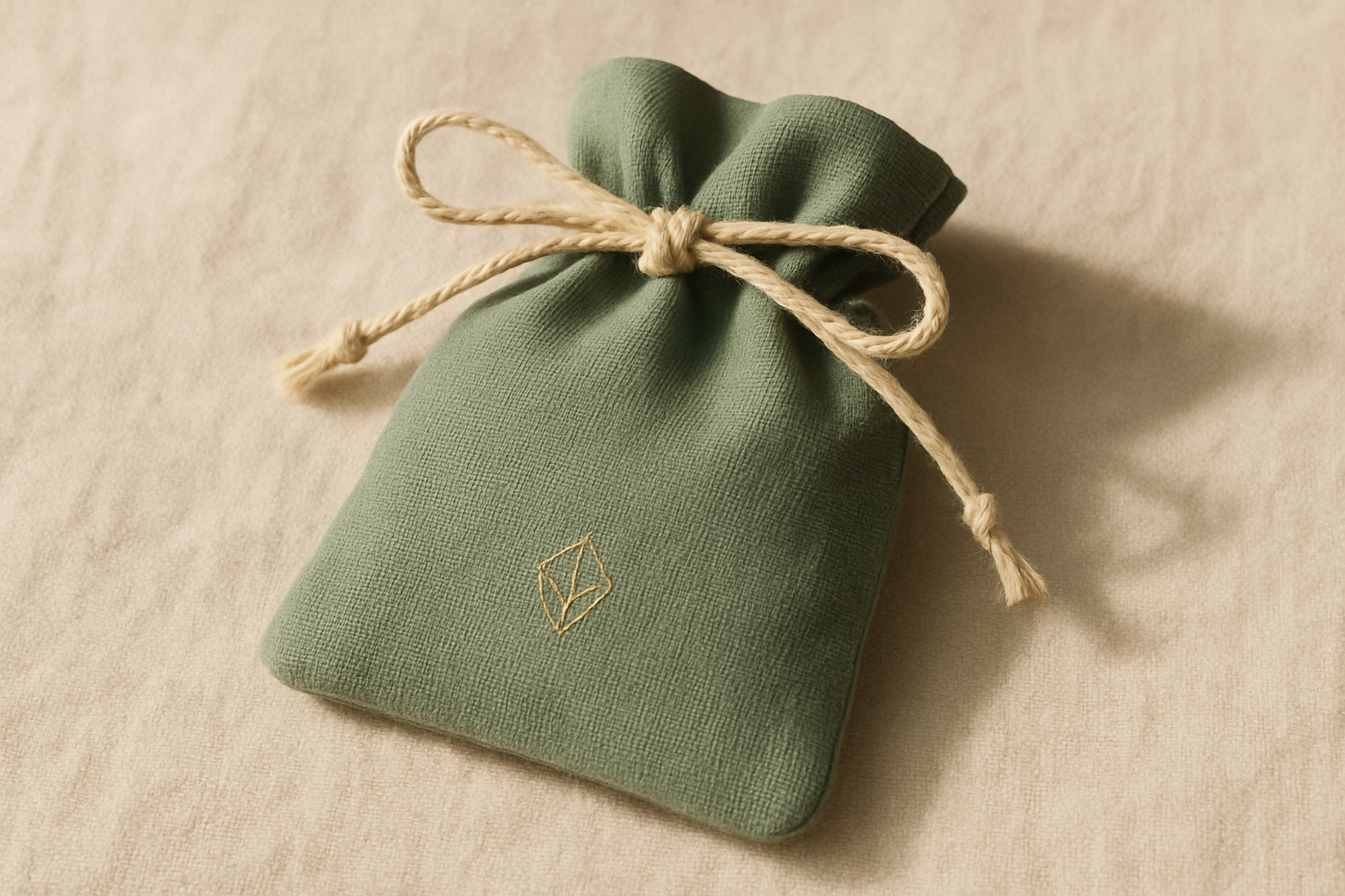 Close-up of a sage green linen drawstring pouch tied with twine, embossed with a small gold logo, resting on a textured neutral background