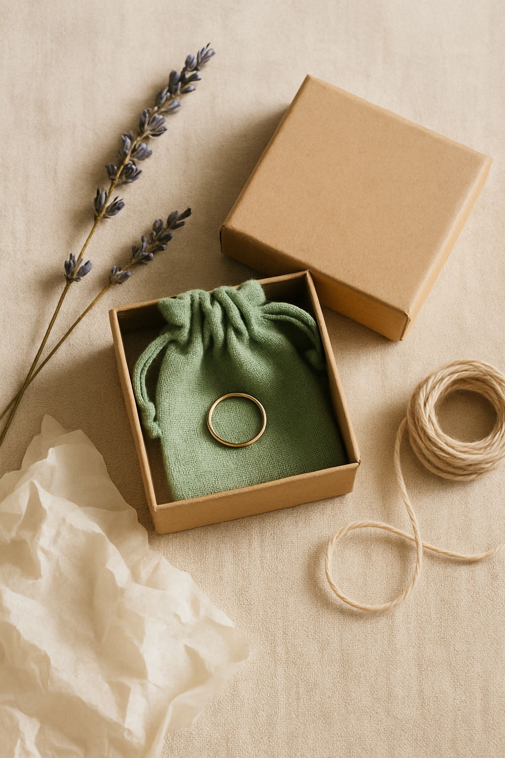 Open kraft gift box revealing a linen pouch with a delicate gold ring nestled inside, dried flowers and twine on a soft beige linen surface