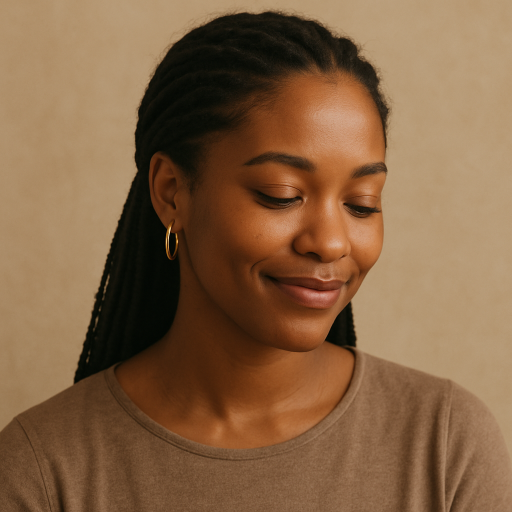 Portrait of Amara K., a woman with deep brown skin and braided hair pulled back, wearing simple gold hoops