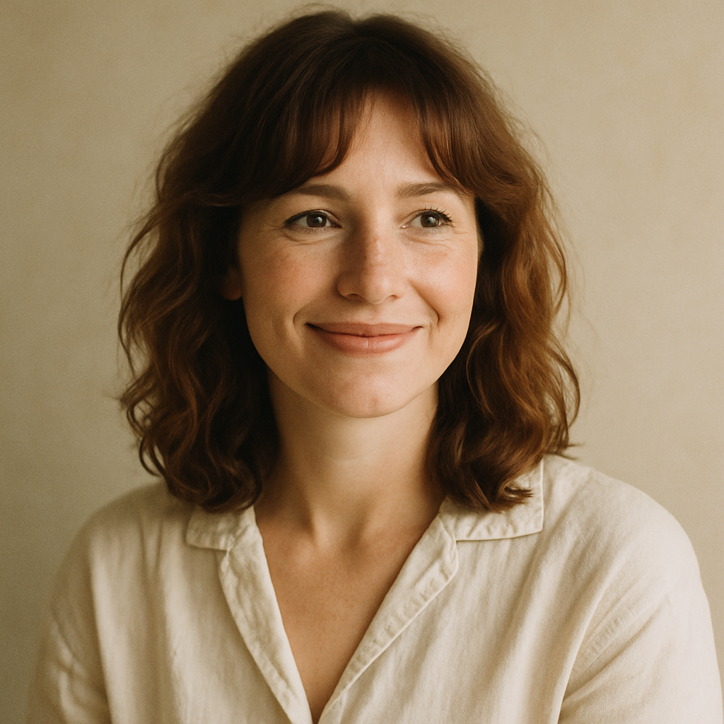 Portrait of Elena R., a smiling woman with auburn wavy hair wearing a cream linen blouse