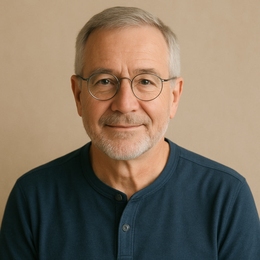 Portrait of James W., an older man with grey hair and reading glasses wearing a navy henley