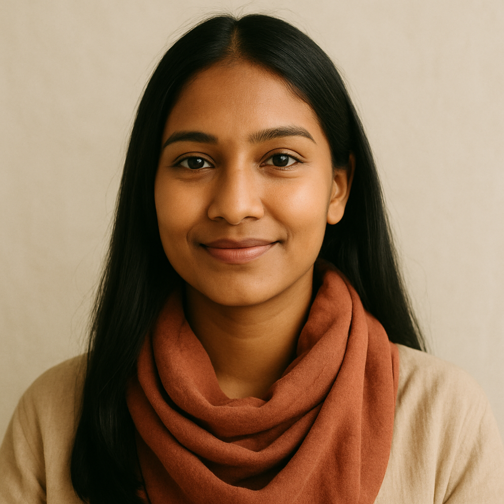 Portrait of Priya S., a young woman with long black hair and warm brown skin wearing a terracotta scarf