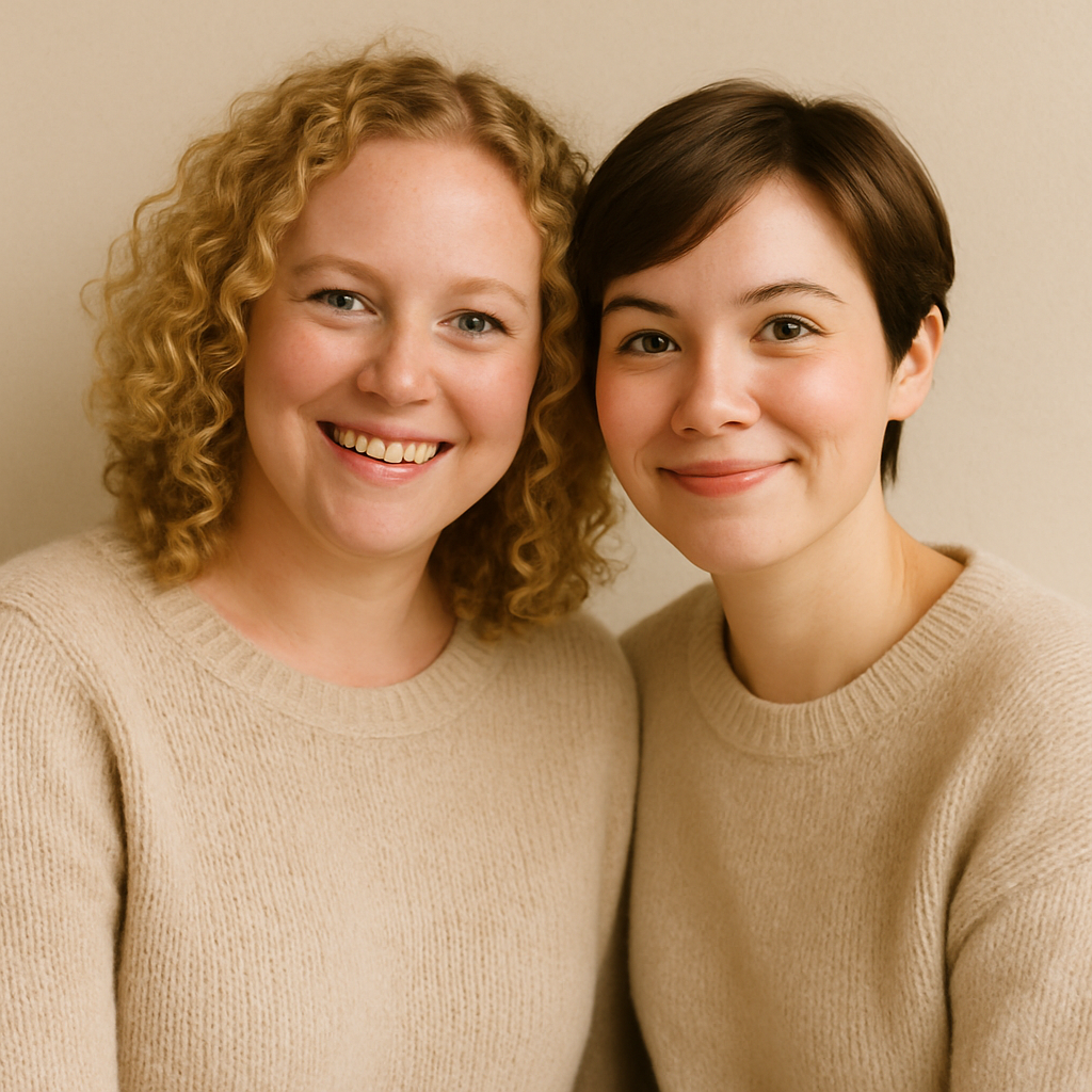 Portrait of Sofia & Lee, two smiling women side by side, one with blonde curls and one with short brown hair, in soft knit sweaters