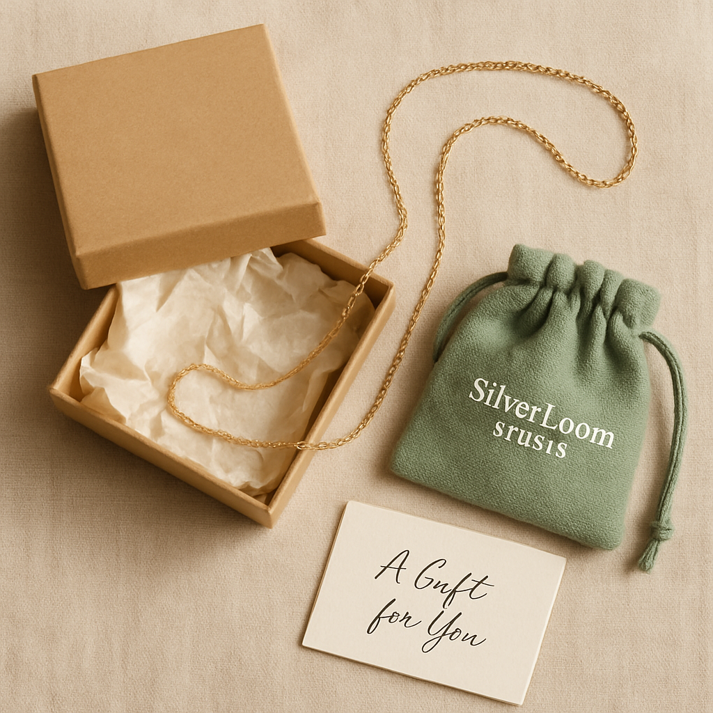 Flatlay of jewelry unboxing: open kraft box, linen pouch, tissue paper, gift card, and a delicate gold necklace arranged on a beige linen background