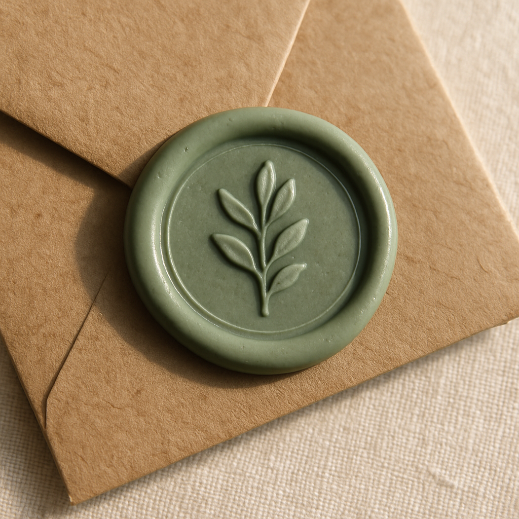 Detail of a sage green wax seal stamped with a botanical motif on folded kraft paper, lit with warm natural light