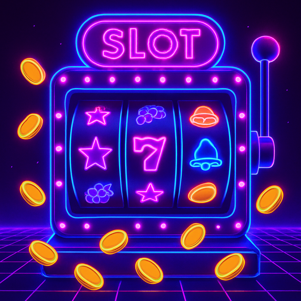 Animated slot machine gameplay with spinning neon reels, flashing lights, and arcade effects