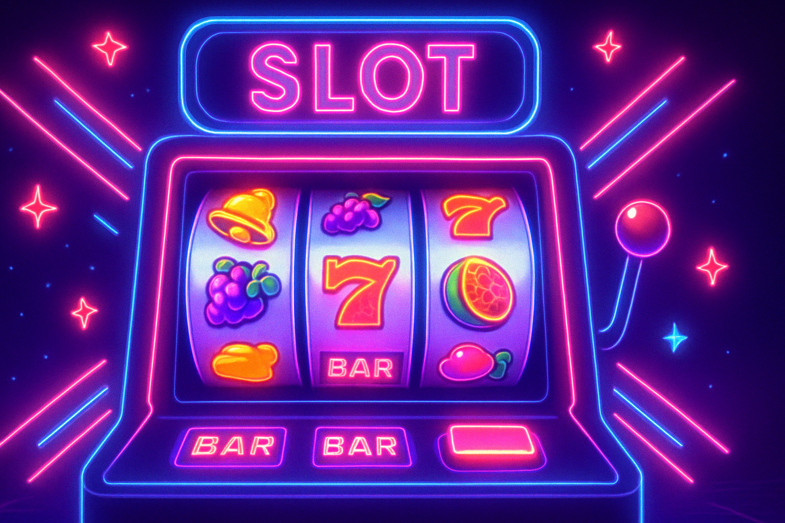 Animated slot machine gameplay with spinning reels, flashing neon lights, and dynamic casino effects in a synthwave arcade style